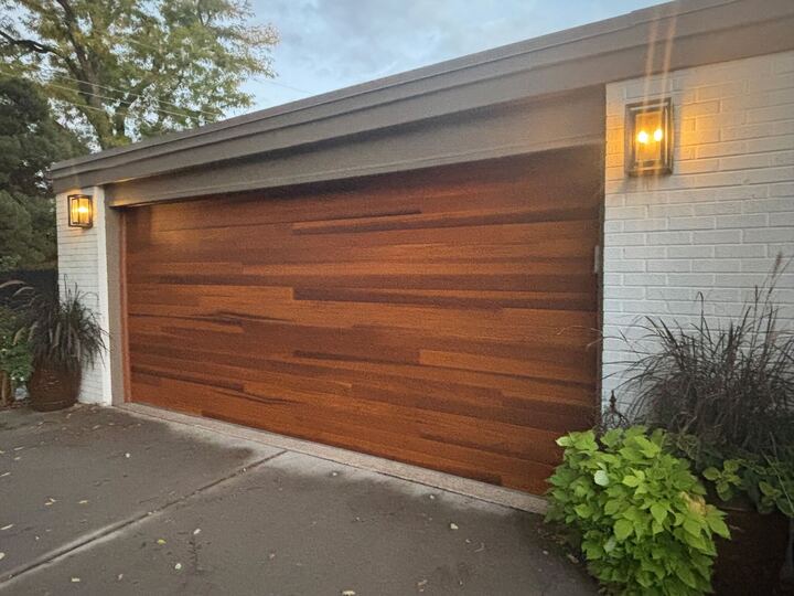Horizontal wood plank garage door